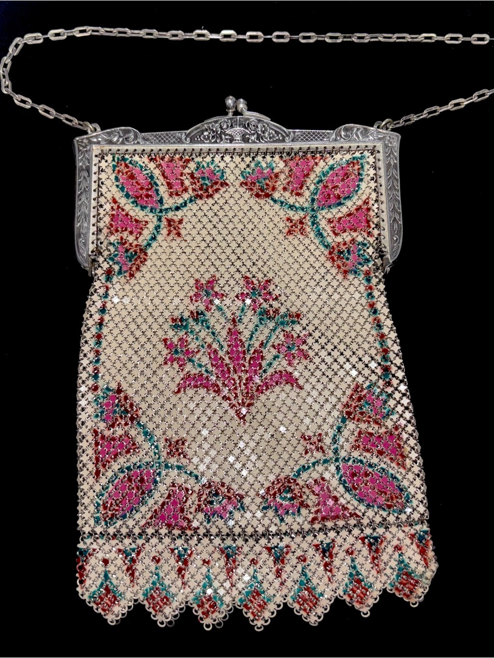 Antique 1920s Mandalian enamel metal mesh dance purse